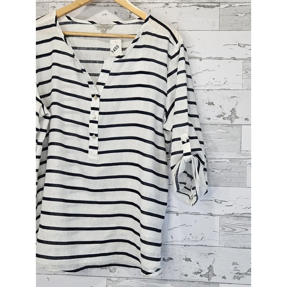 Hester & Orchard Linen Blend Top Striped Blue White Large 3/4 Sleeves - Picture 5 of 9